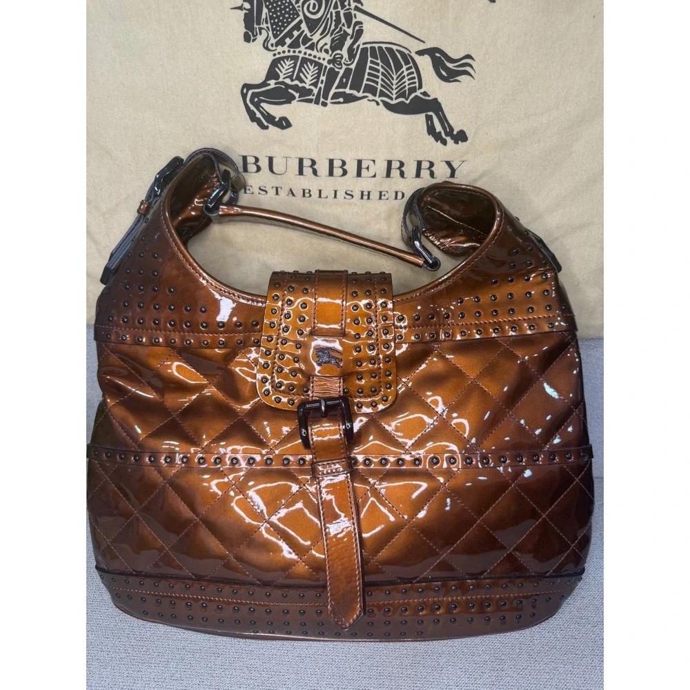 Burberry Prorsum Metallic Bronze Quilted Patent Leather Studded Hobo‎ Bag Italy